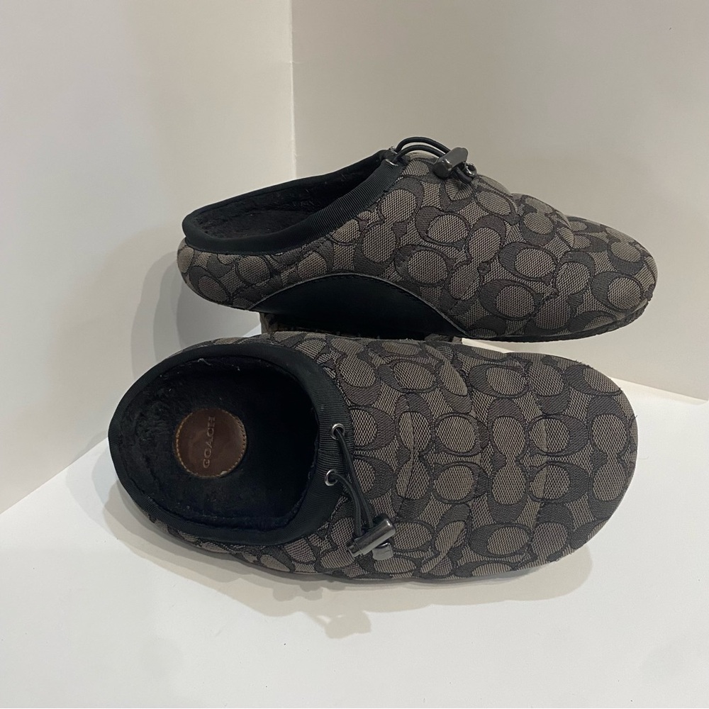 Coach Men Signature Jacquard Slipper Size 9 D Grey Leather Comfy Designer